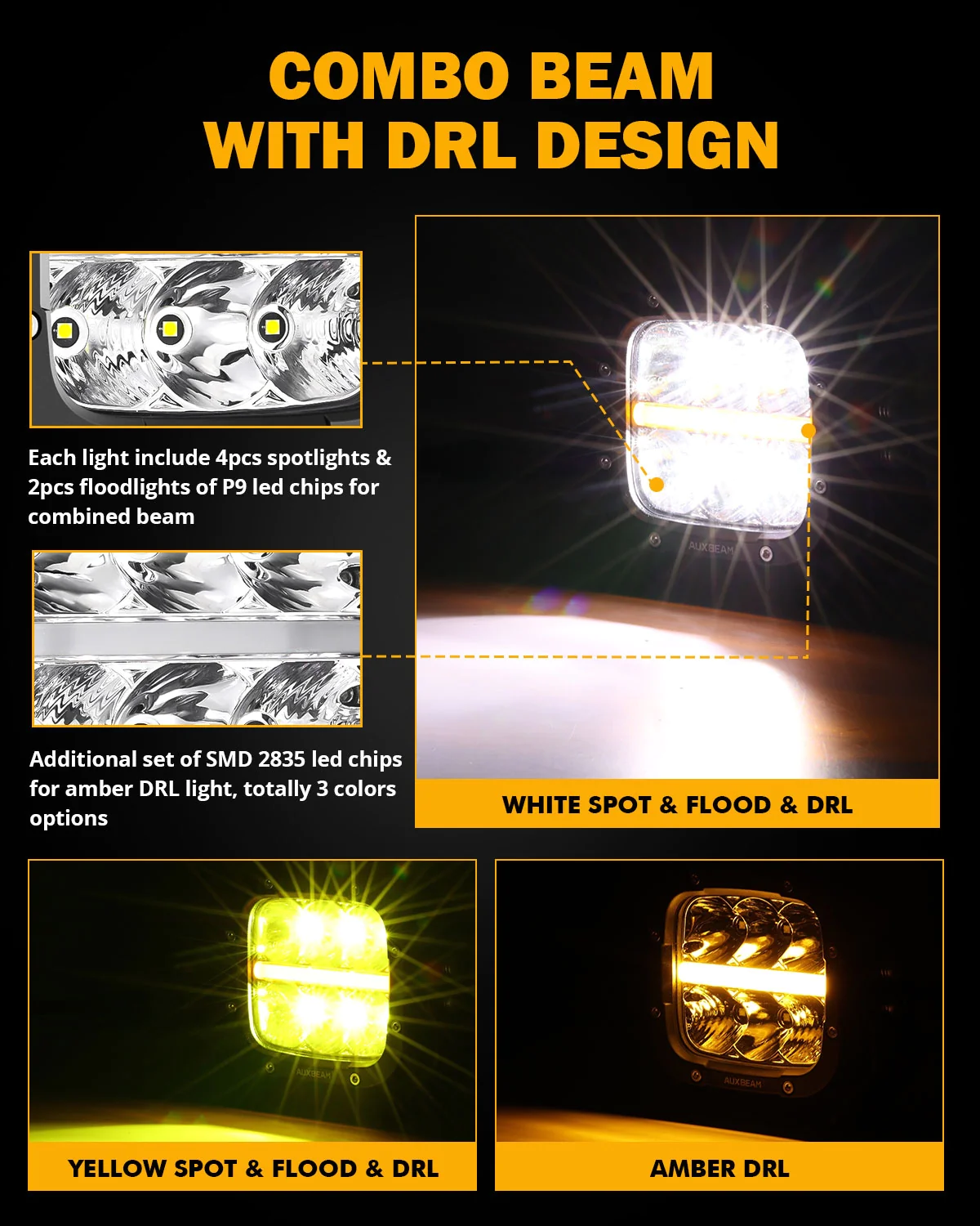 Auxbeam 5 Pulg 132W Blanco/Ambar Con DRL