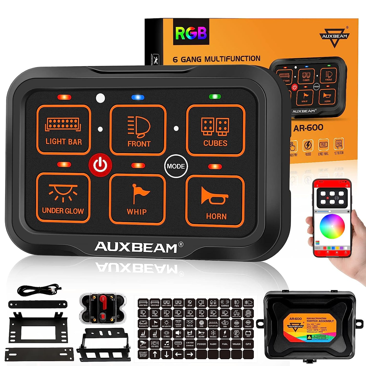 Auxbeam AR-600 RGB Panel LED de 6 interruptores con App