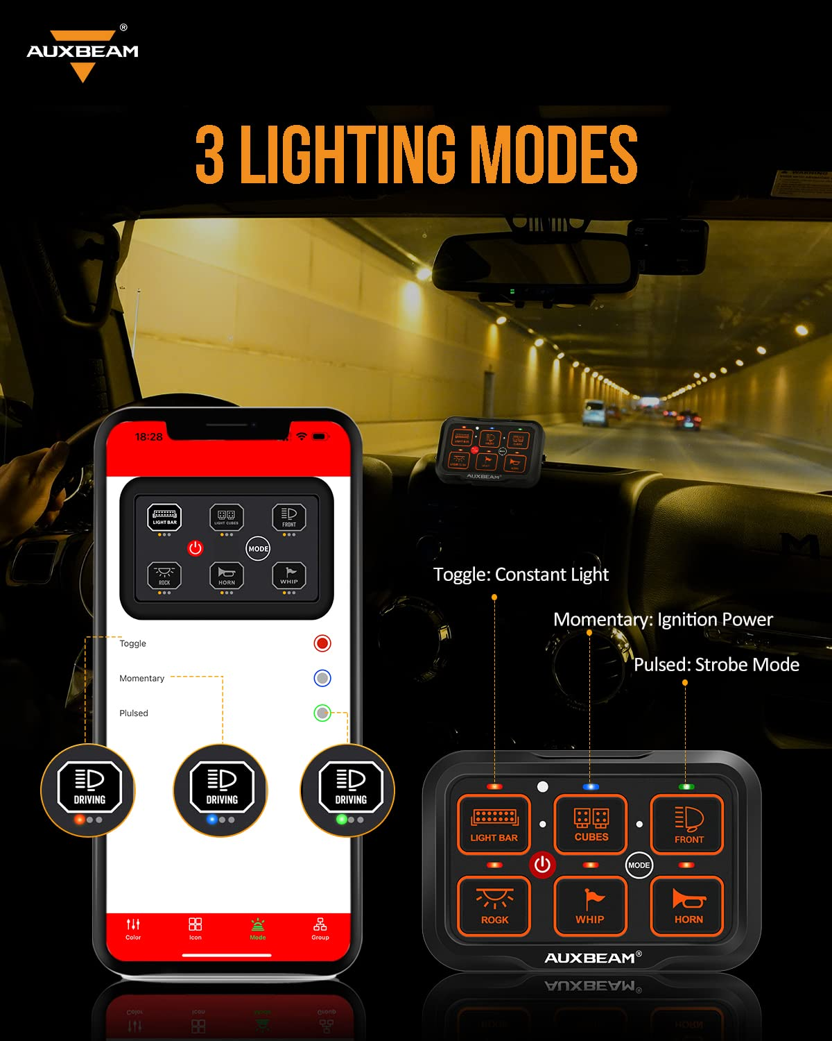 Auxbeam AR-600 RGB Panel LED de 6 interruptores con App