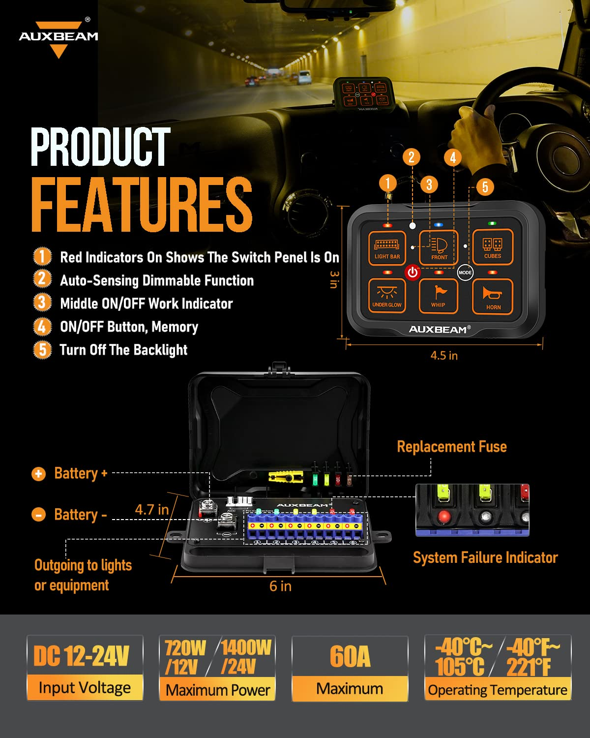 Auxbeam AR-600 RGB Panel LED de 6 interruptores con App