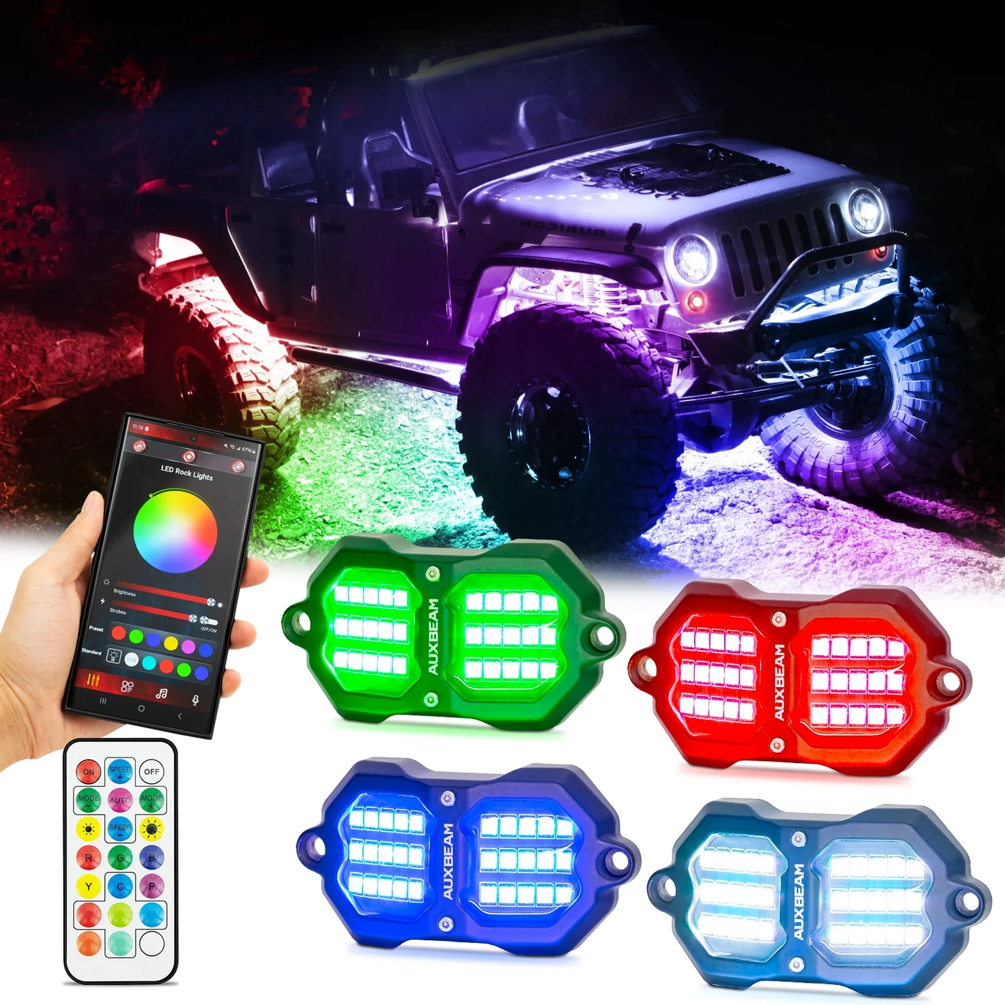 Auxbeam Rock Lights RGB Con Control y Bluetooth 4 Piezas | Vibrant Small Series