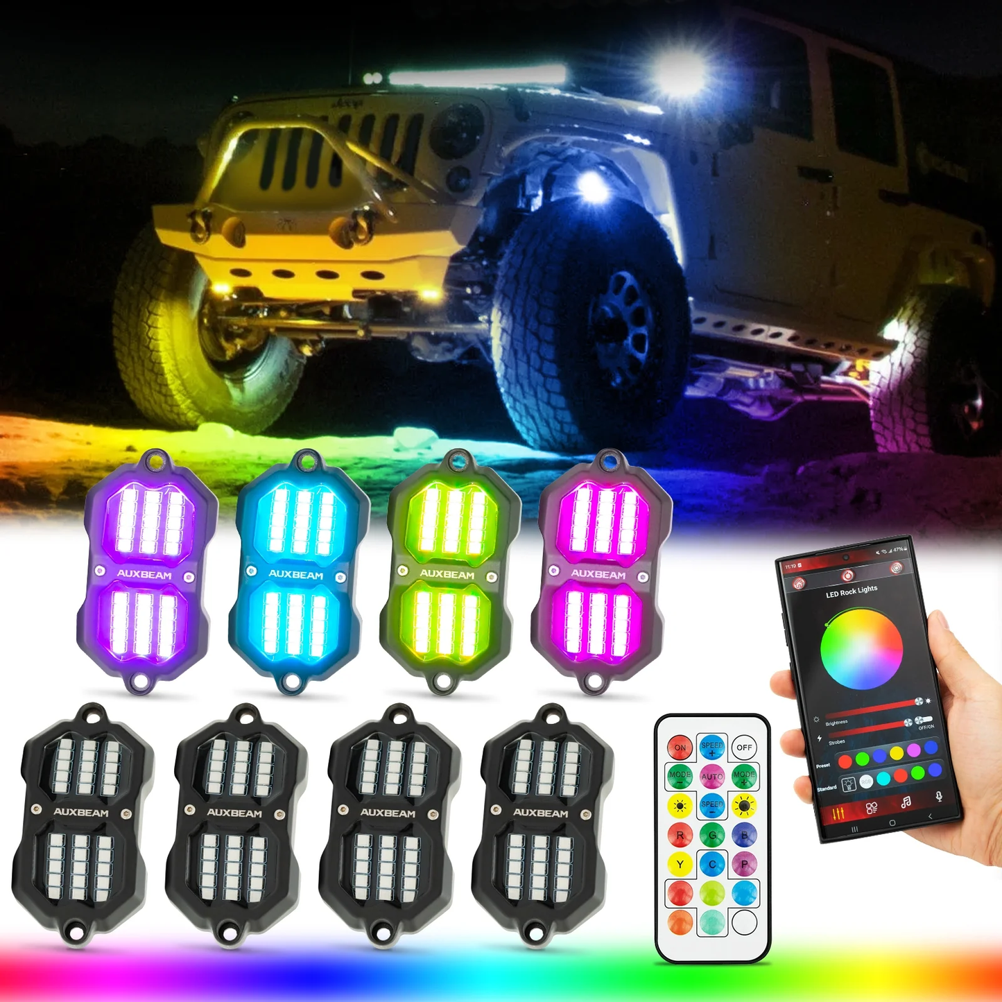 Auxbeam Rock Lights RGB Con Control y Bluetooth 4 Piezas | Vibrant Small Series