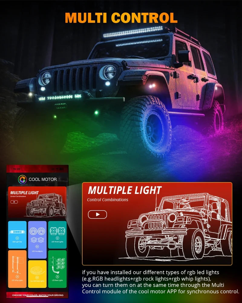 Auxbeam Rock Lights RGB Con Control y Bluetooth 4 Piezas | Vibrant Small Series