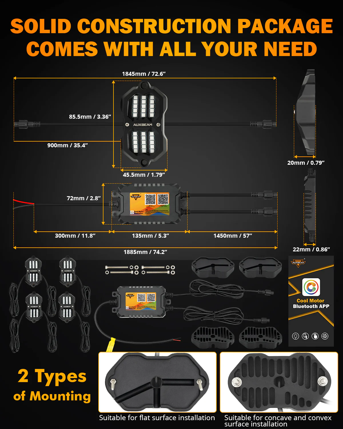 Auxbeam Rock Lights RGB Con Control y Bluetooth 4 Piezas | Vibrant Small Series